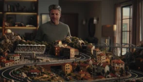 Patrick Dempsey aparece diante de uma pista de autorama em miniatura, cercada por casas, montanhas e arquibancadas, em cena da campanha do Nubank Ultravioleta.