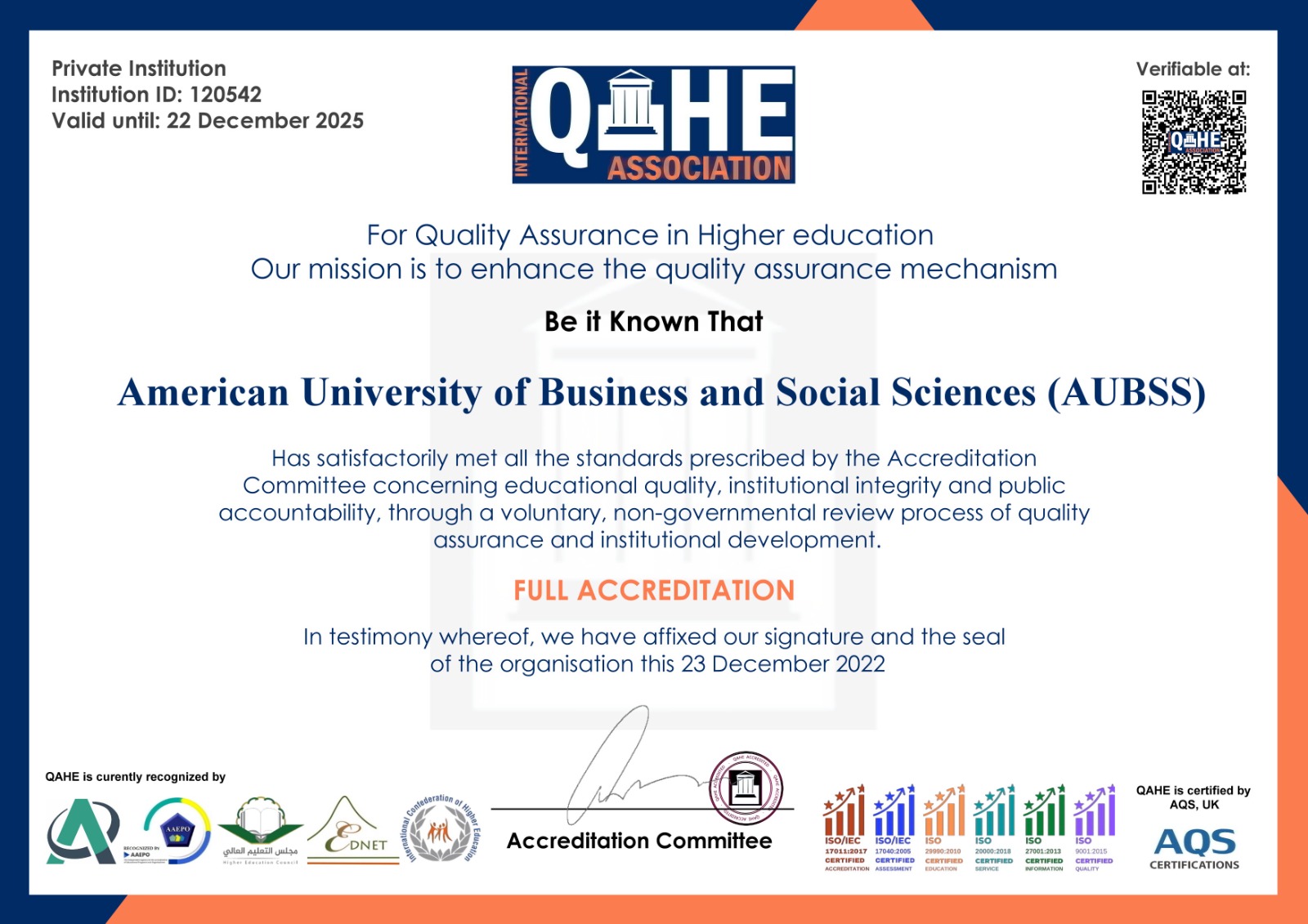 QAHE Accreditation Certificate