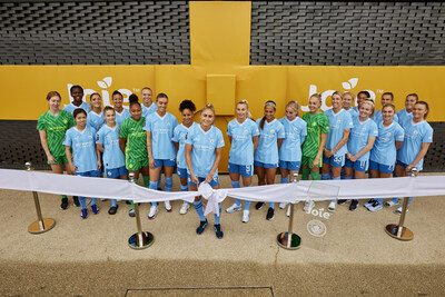 Manchester City squad in front of the newly renamed Joie Stadium - the only purpose-built stadium in the Women’s Super League and the first to have a naming partner (PRNewsfoto/Manchester City)