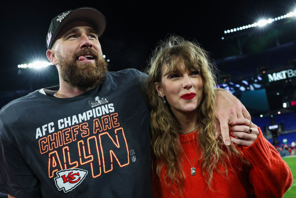 Travis Kelce of the Kansas City Chiefs celebrates with Taylor Swift after defeating the Baltimore Ravens in the AFC Championship Game at M&T Bank Stadium on Jan. 28, 2024 in Baltimore, Maryland. 