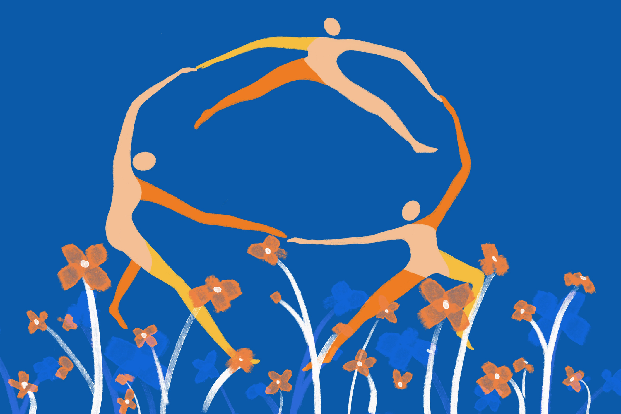 Vector illustration of three people dancing in circle on blue background with flowers