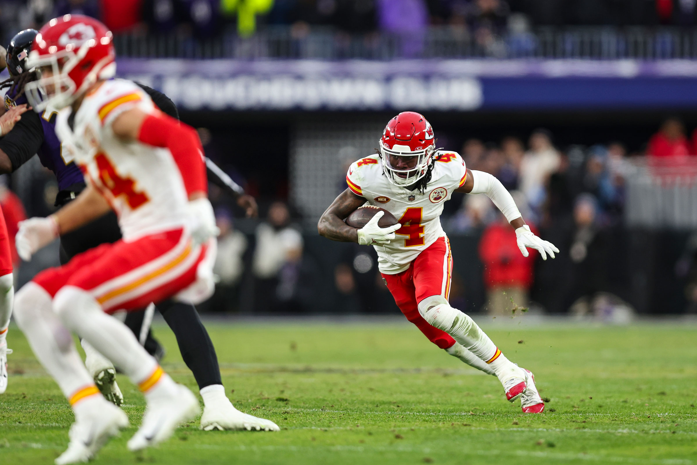 Rashee Rice runs the ball during the AFC Championship game against the Baltimore Ravens on Jan. 28, 2024.