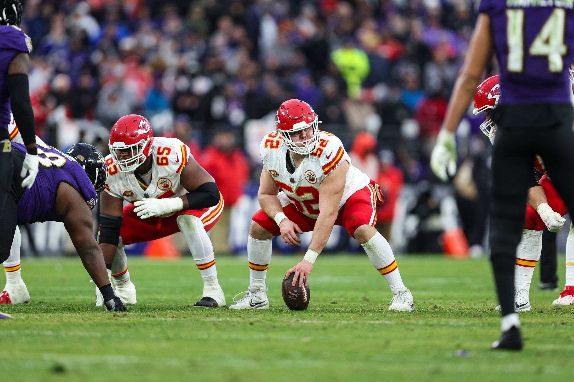 Creed Humphrey lines up during the AFC Championship game against the Baltimore Ravens on Jan. 28, 2024.