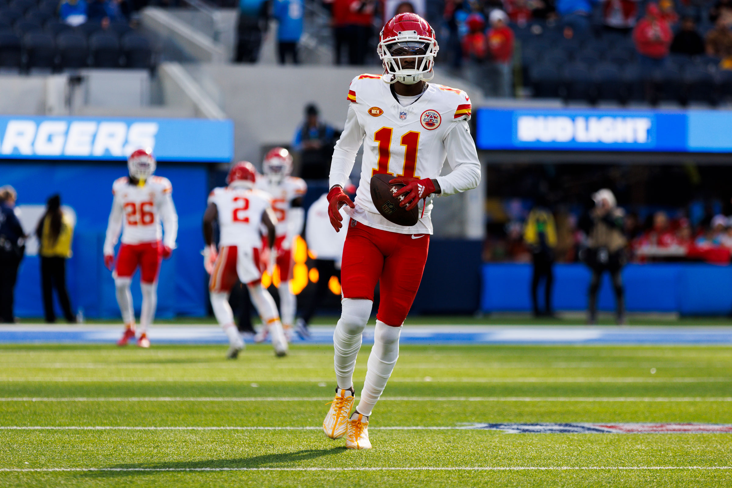 Marquez Valdes-Scantling runs after the catch during a game against the Los Angeles Chargers on Jan. 7, 2024.