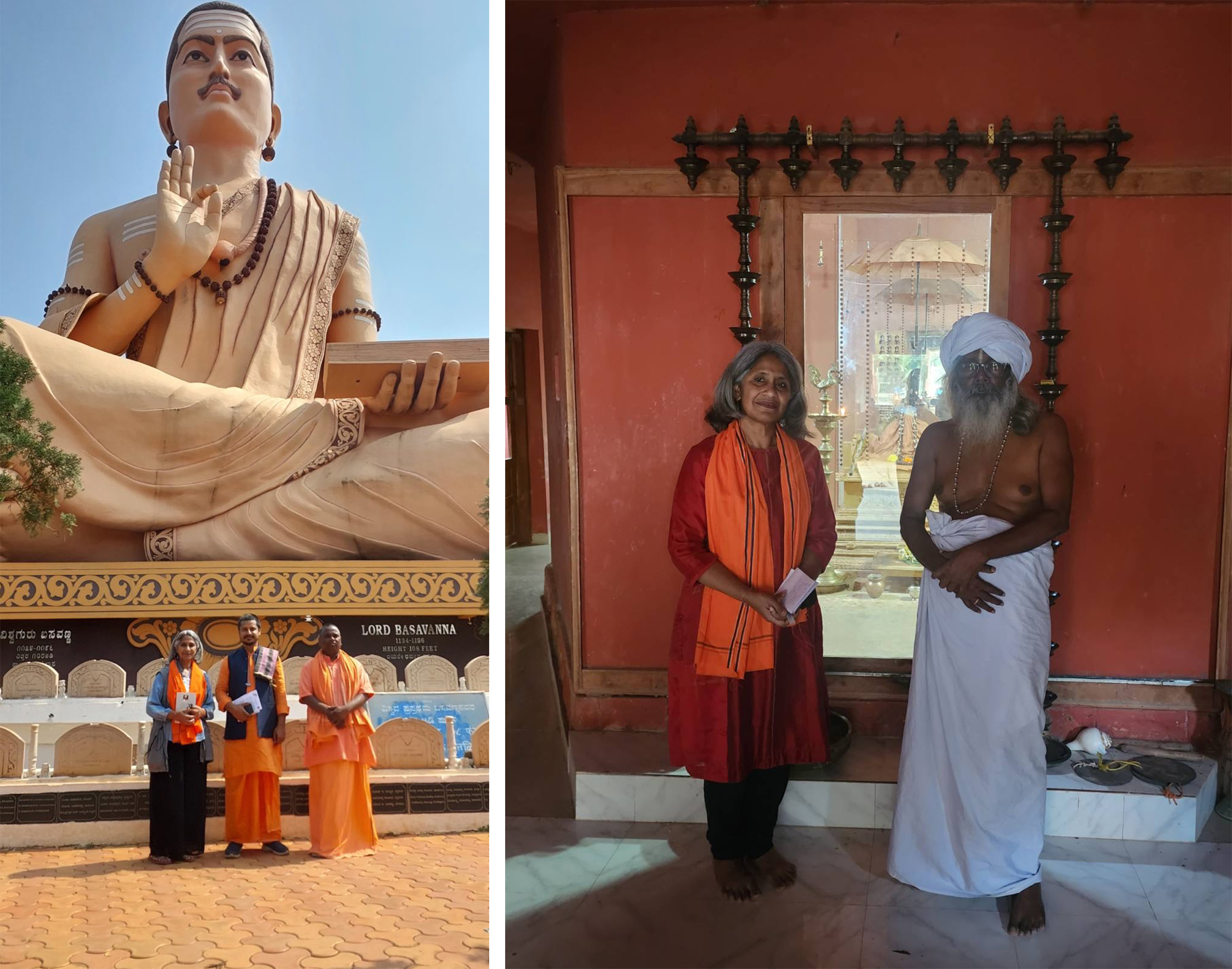 左:作者、斯瓦米·拉格韦恩德拉和斯瓦米·科尔内斯瓦在卡纳塔克邦巴萨瓦卡尔扬巴萨瓦纳巨大雕像下;右:作者与阿亚·瓦兹希修道院的巴拉·普拉贾帕蒂,泰米尔纳德邦卡尼亚库马里,2024年2月10日。在寺庙里,他们用镜子代替神像,因为“神圣存在于我们每个人内心”,巴拉·普拉贾帕蒂说。