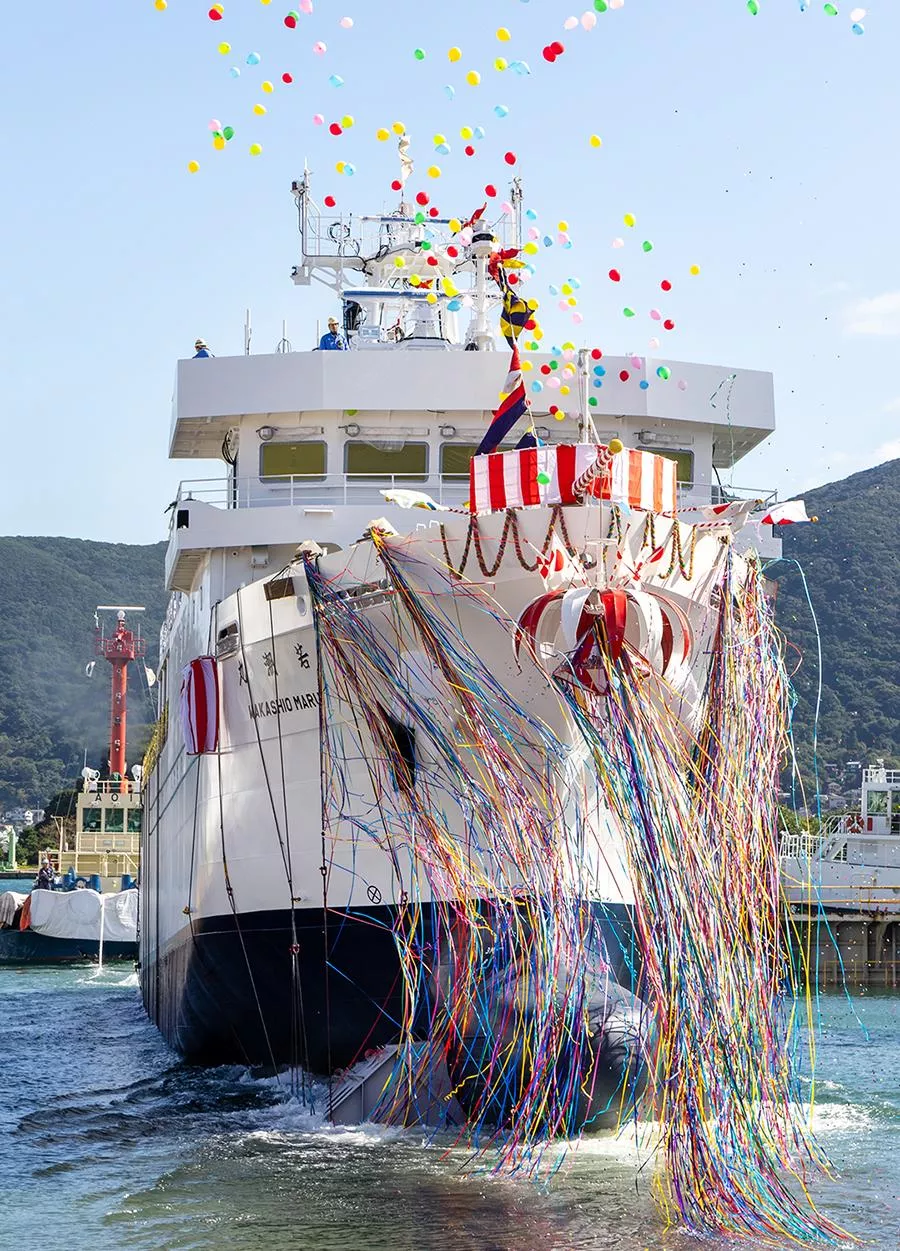 Mitsubishi Shipbuilding Holds Christening and Launch Ceremony in Shimonoseki for Training Ship WAKASHIO MARU Built for National Institute of Technology, Toyama College