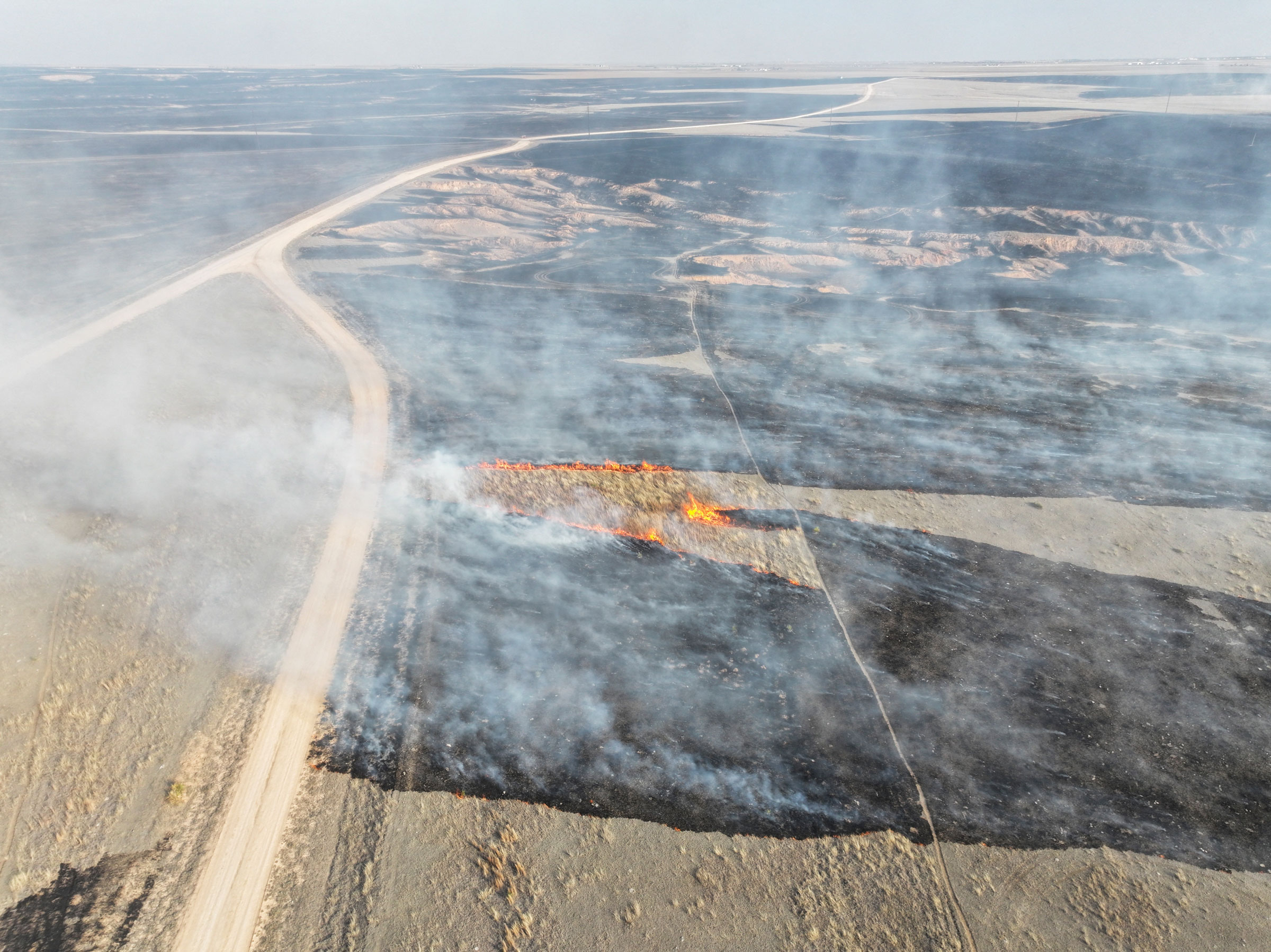 Ein Blick aus der Drohnenperspektive auf das vom Smokehouse Creek Fire in Roberts County abgebrannte Grasland