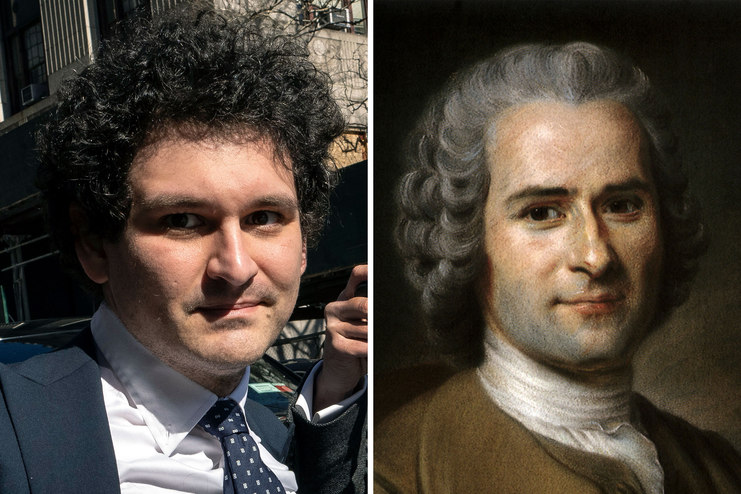 Ein nebeneinandergestelltes Bild von Sam Bankman-Fried und Jean-Jacques Rousseau