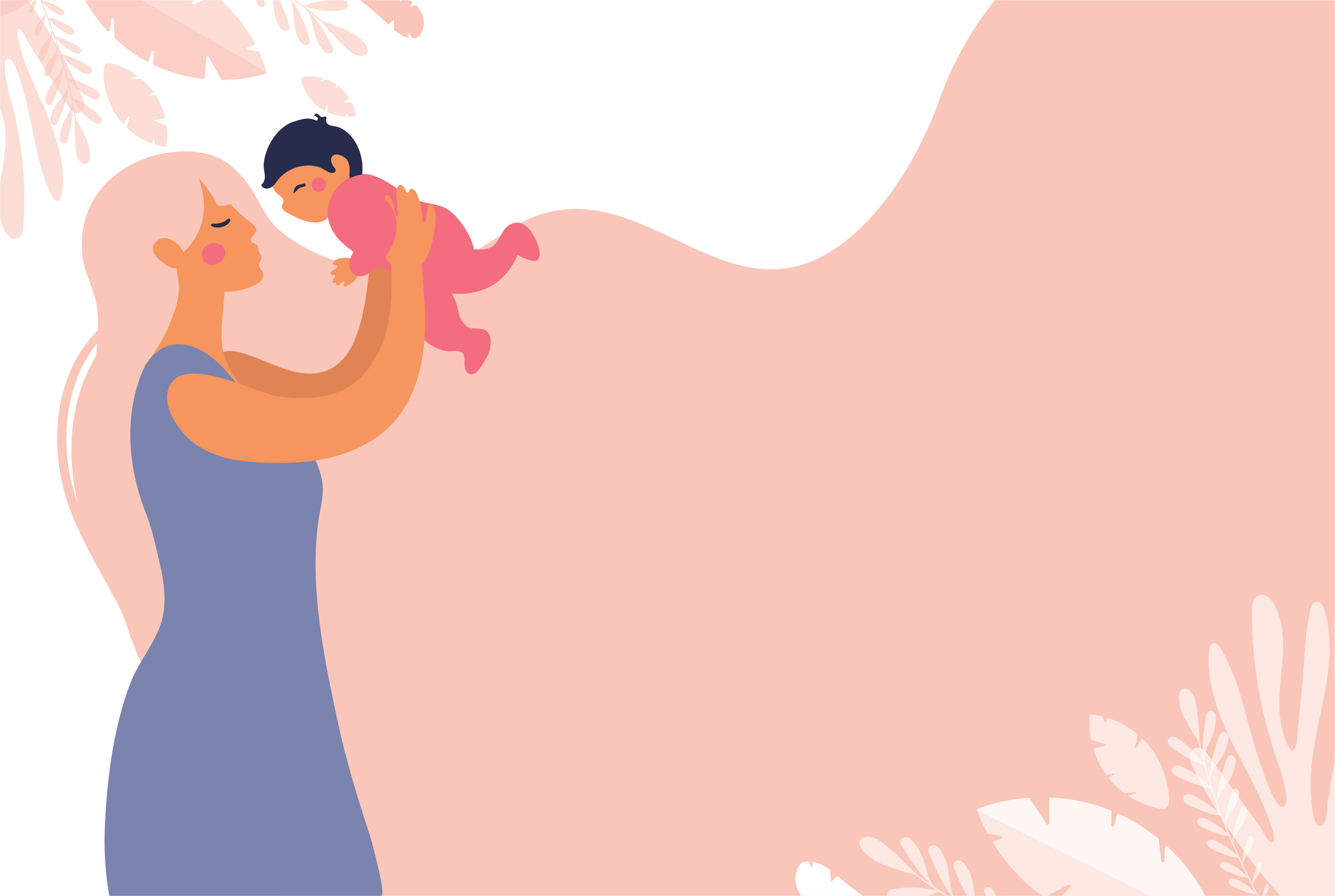 Eine schöne junge Mutter wirft das Baby in ihre Arme. Banner über Kindheit und Mutterschaft mit Kopierraum. Flache Vektor-Konzeptillustration mit einem rosafarbenen Hintergrund.