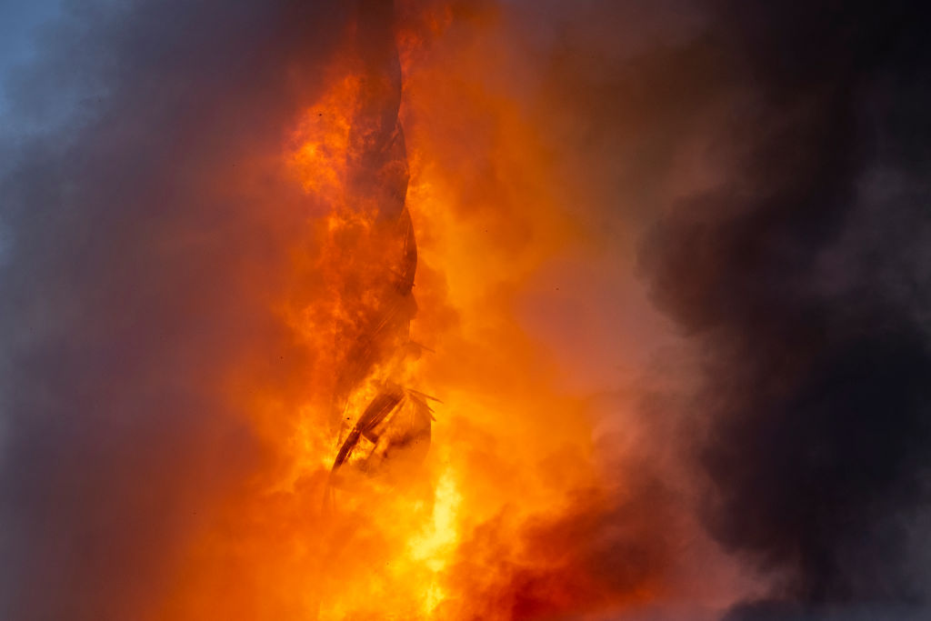 Denmarks Boersen stock exchange stands in flames.