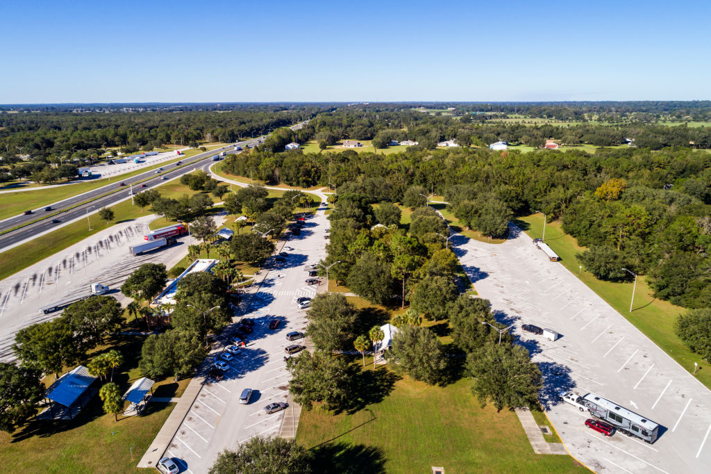 Florida, Ocala, Interstate I75 I-75 highway, aerial of rest stop