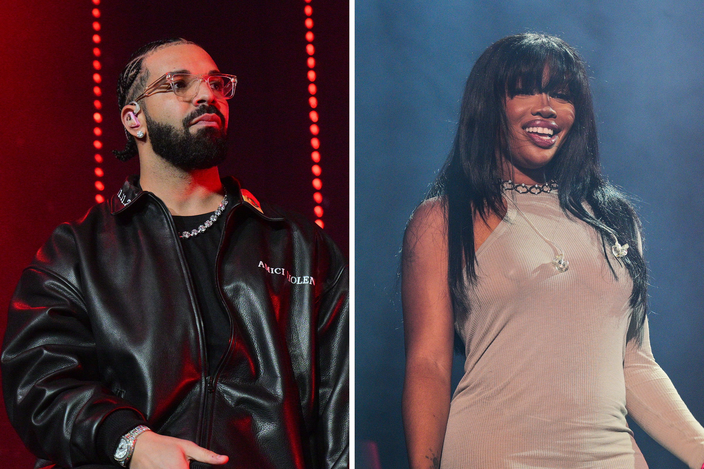 A side by side split image of Drake and SZA