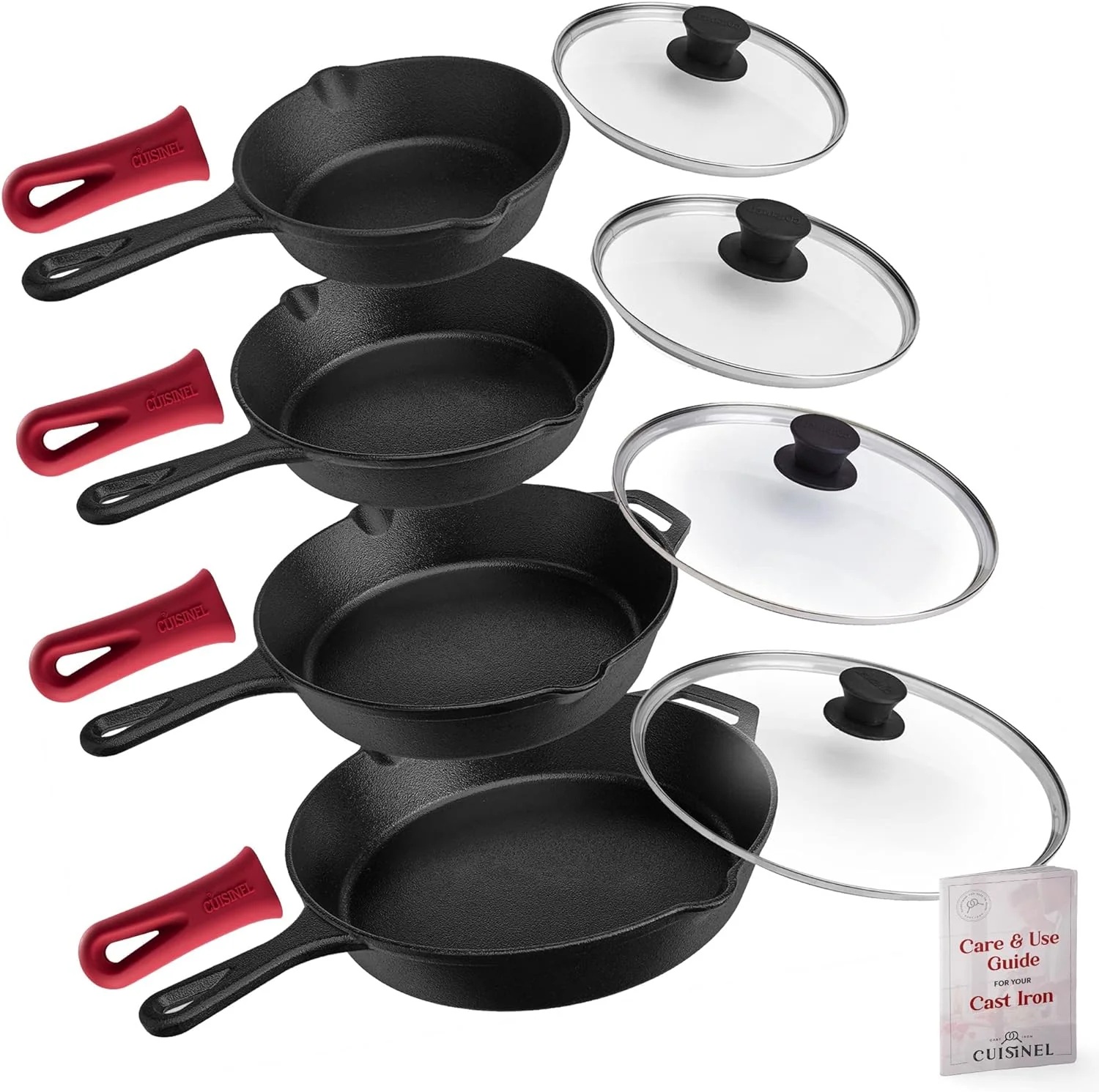 Cast Iron Skillets Set Glass Lids Silicone Handle Grips Pre Seasoned Frying Pan Oven Cookware
