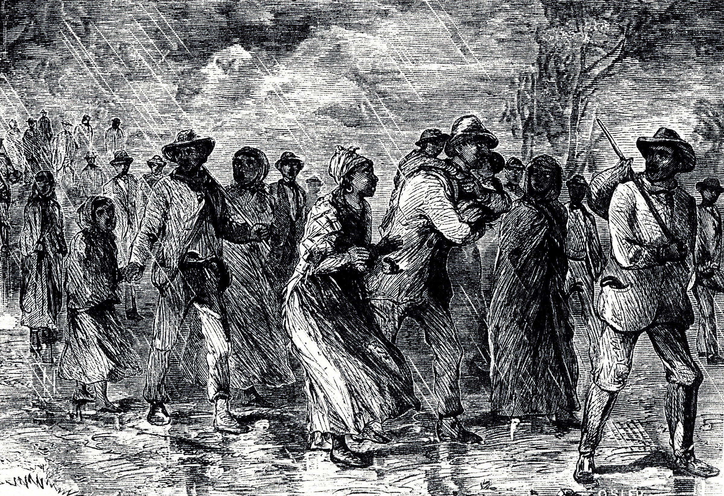 Eine Gravur, die Sklaven zeigt, die von Maryland nach Delaware über die „Underground Railroad“ fliehen, 1850-1851.