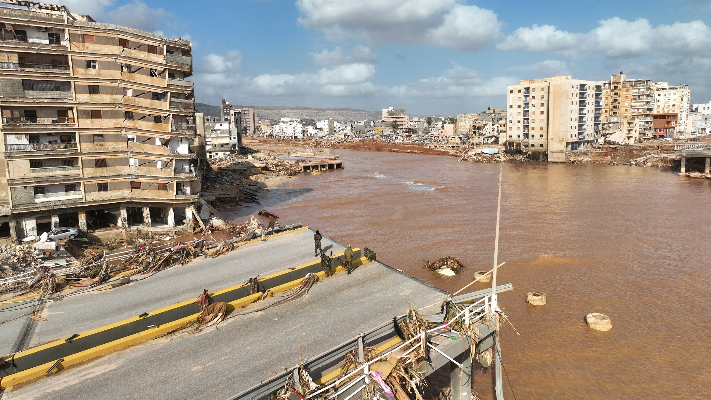 Überschwemmungswasser vom Mittelmeersturm Daniel sind in Derna, Libyen, am 12. September sichtbar.