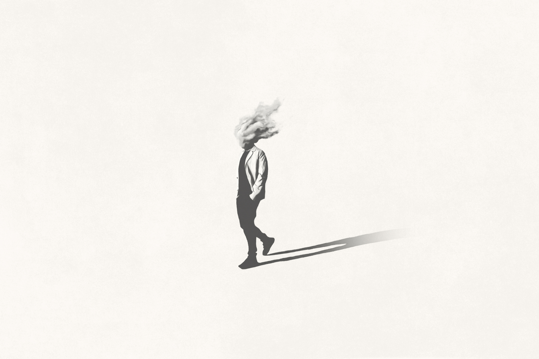 Illustration eines schwarz-weißen Mannes mit Kopf in der Wolke beim Gehen, surreales minimales Konzept