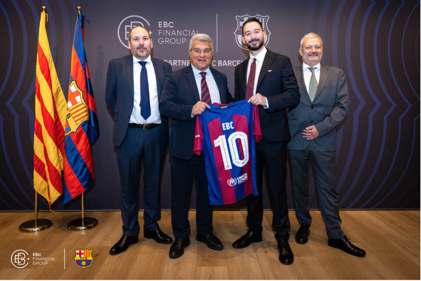 EBC 金融集團和巴塞隆納足球俱樂部與主席 Joan Laporta 通過儀式性的球衣交換慶祝金融與足球的結合。