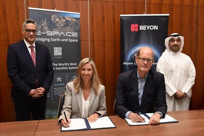 E-Space and Beyon sign MOU during the 31st Arab Spectrum Management Group Meeting, held in Manama, Kingdom of Bahrain from 9-14 September 2023. Pictured (L to R): Tamer Azab, Director of Regulatory and Market Access, MEA at E-Space; Amy Mehlman, Vice President of Global Affairs and Stakeholder Relations at E-Space; Mikkel Vinter, CEO of Beyon; and Yousif Sameikh, Head of Enterprise Products at Beyon.
