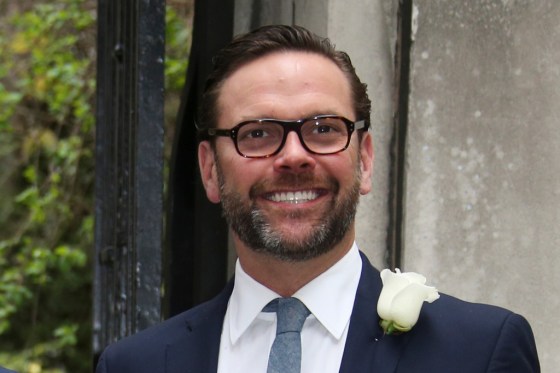 James Murdoch arrives at St. Bride's Church for the celebration ceremony of the wedding of Rupert Murdoch and Jerry Hall in London, Saturday, March 5, 2016.