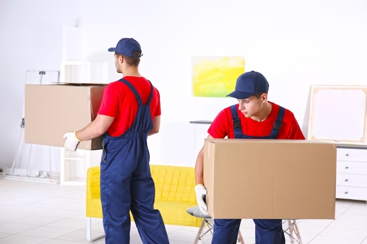 male workers with boxes furniture new house 392895 24424