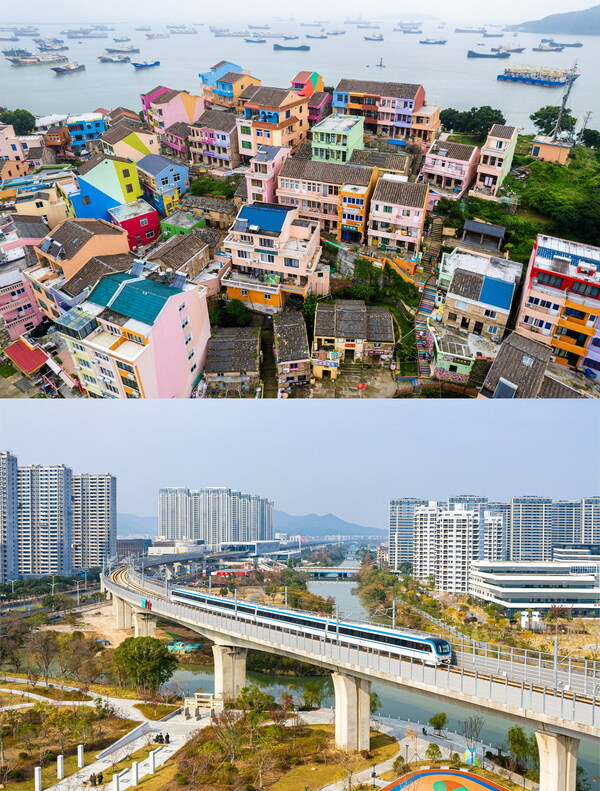 (Top) The rainbow fishing village of Xiaoruo in Taizhou's Wenling (Below) The light-rail train passes across the city.