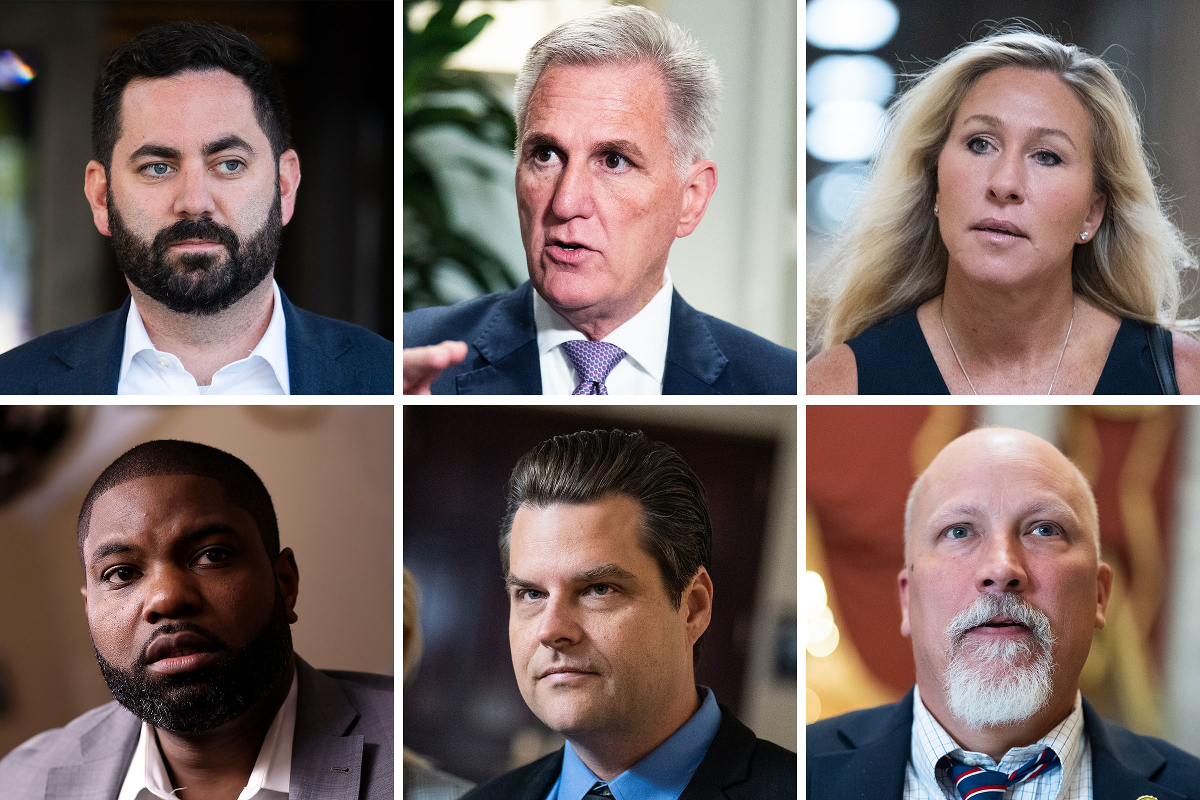 A grid showing Top: Rep. Mike Lawler; Speaker of the House Kevin McCarthy; Rep. Marjorie Taylor Greene; Bottom: Rep. Byron Donalds; Rep. Matt Gaetz; Rep. Chip Roy