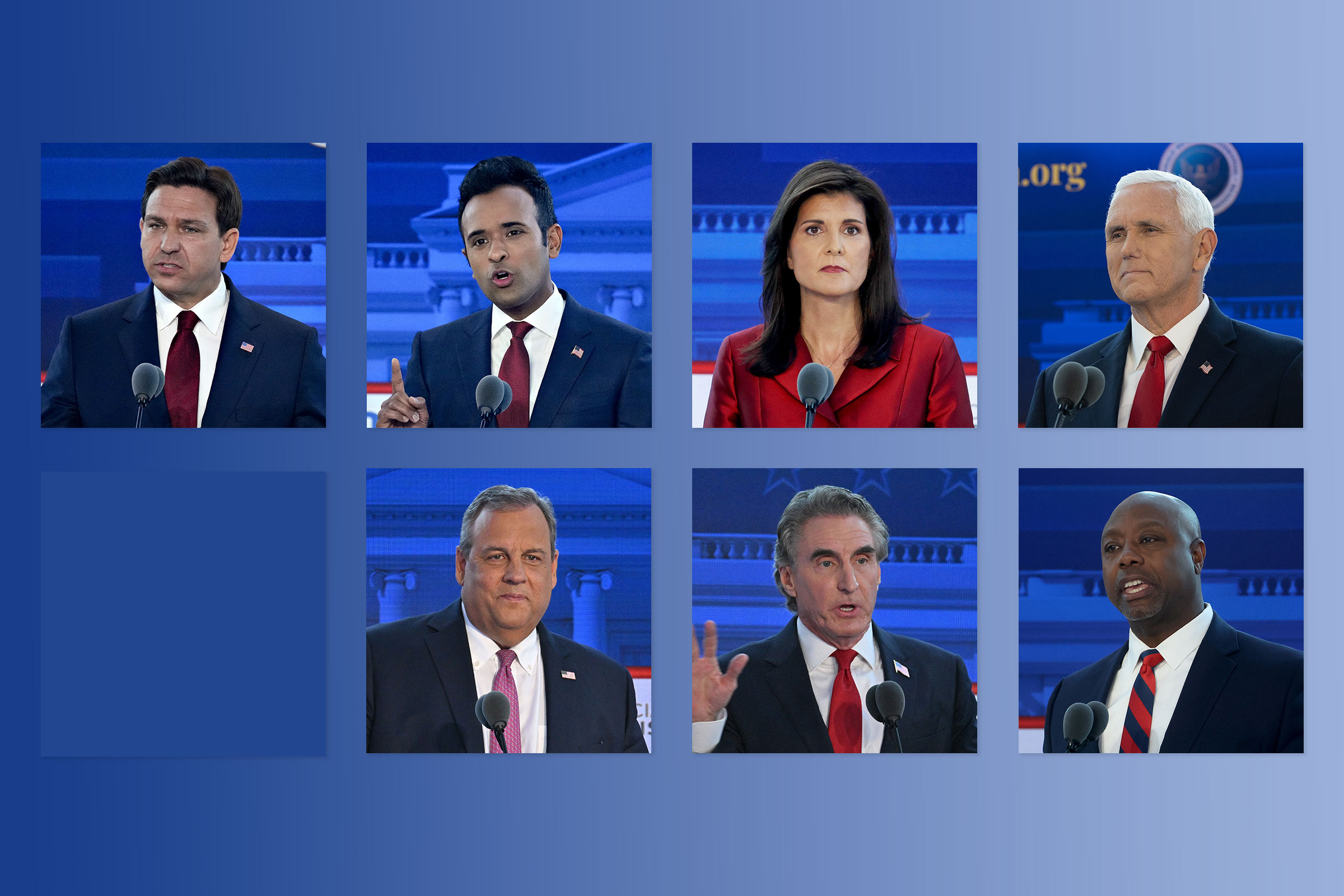 Florida Governor Ron DeSantis; Vivek Ramaswamy; Former U.N. Ambassador Nikki Haley; Former Vice President Mike Pence; Former Governor of New Jersey Chris Christie; North Dakota Governor Doug Burgum; Sen. Tim Scott