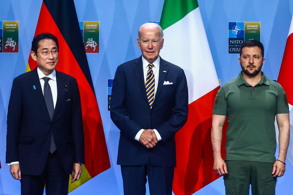Japanese Prime Minister Fumio Kishida, U.S. President Joe Biden and Ukrainian President Volodomyr Zelensky