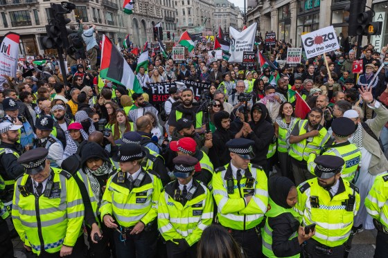 Pro-Palestinian demonstrators in London on Oct. 14, 2023.