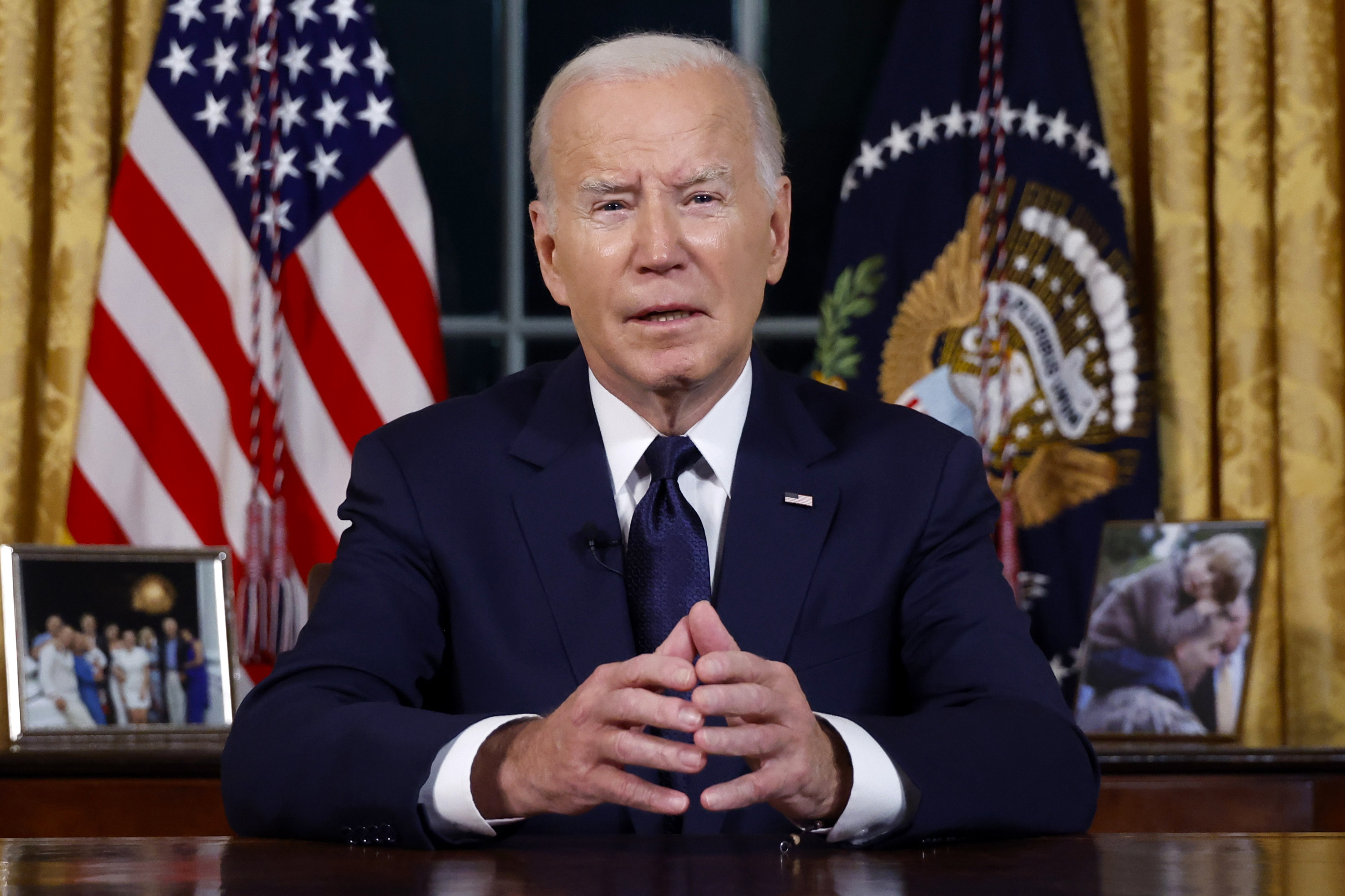 U.S. President Joe Biden speaks from the Oval Office of the White House Thursday, Oct. 19, 2023, in Washington, about the war in Israel and Ukraine.