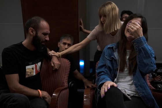 Relatives of a missing Israel citizen during a press conference in Ramat Gan, Israel, Oct. 8, 2023.