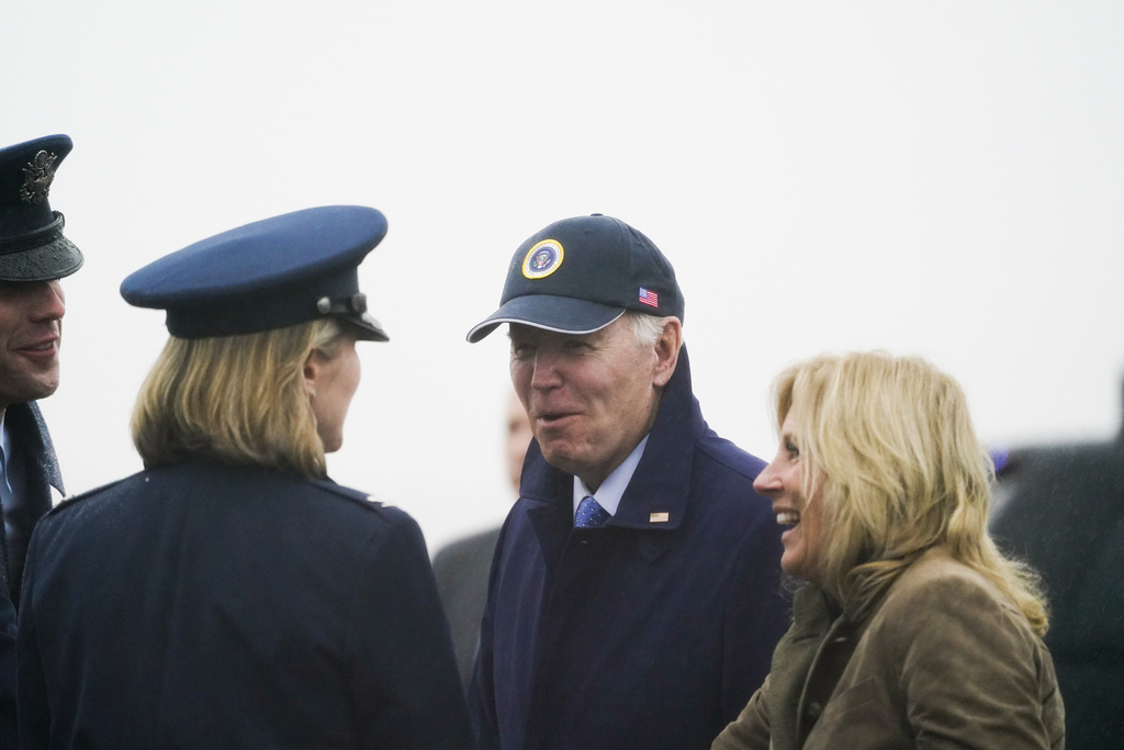 President Joe Biden and first lady Jill Biden arrive at Andrews Air Force Base, Md., Nov. 26, 2023. 