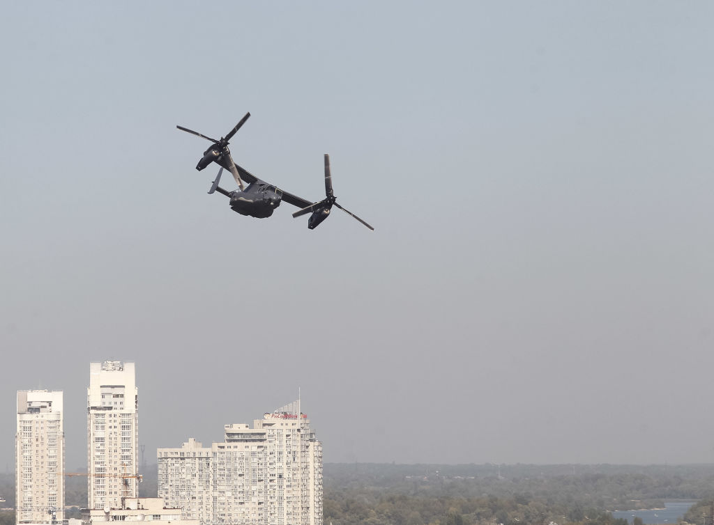 A CV-22B Osprey tilt-rotor military aircraft of the U.S. Air