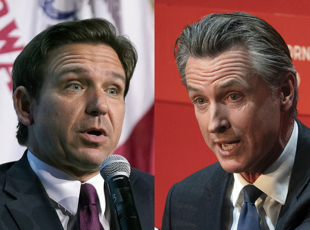 Nagsasalita si Republican presidential candidate Florida Gov. Ron DeSantis noong Setyembre 16, 2023, sa Des Moines, Iowa, sa kaliwa, at nagsasalita si California Gov. Gavin Newsom, noong Setyembre 12, 2023, sa Sacramento, Calif.