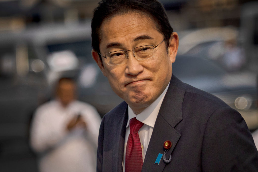 Japan's Prime Minister Fumio Kishida boards the BRP Teresa Magbanua ship at the Philippine Coast Guard headquarters on Nov. 4, 2023 in Manila, Philippines.