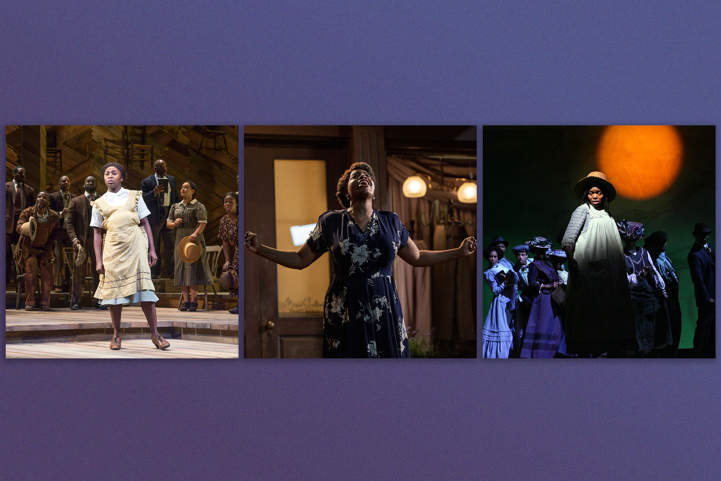 Isang side by side na larawan sa isang lila nga background na nagpapakita kay Cynthia Erivo bilang Celie sa The Color Purple sa Bernard B. Jacobs Theatre sa New York, Nob. 7, 2015; Fantasia Barrino bilang Celie sa Warner Bros. Entertainment's The Color Purple; LaChanze, gitna, sa The Color Purple sa Broadway Theater sa New York noong Okt. 2005.