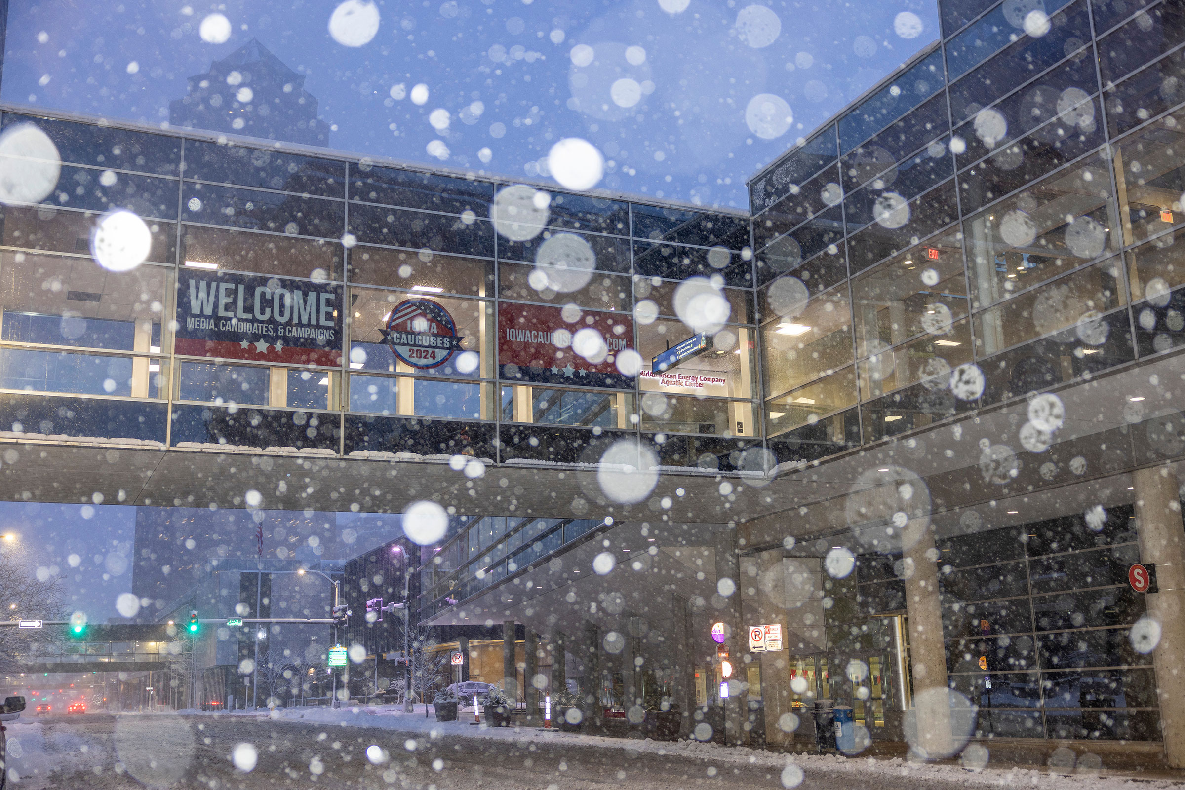 Signage for the Iowa caucus during a storm in Des Moines, Iowa, on Jan. 9, 2024.