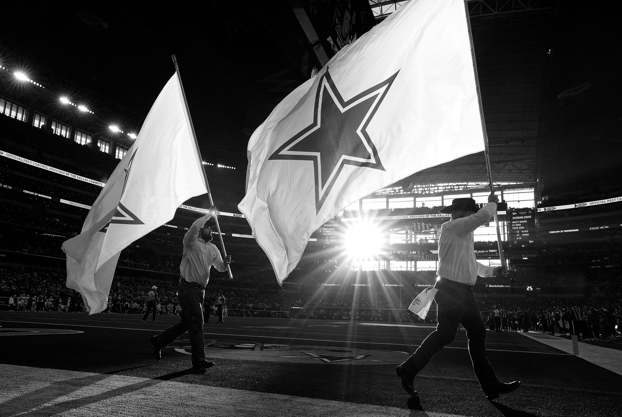 A Dallas Cowboys flag on the field during the first half in the game against the Philadelphia Eagles at AT&T Stadium in Arlington, Texas on Dec. 24, 2022 in Arlington.