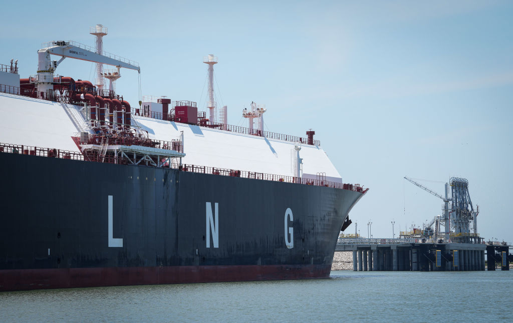 A large liquified natural gas transport ship sits docked in the Calcasieu River on June 7, 2023, near Cameron, Louisiana. 