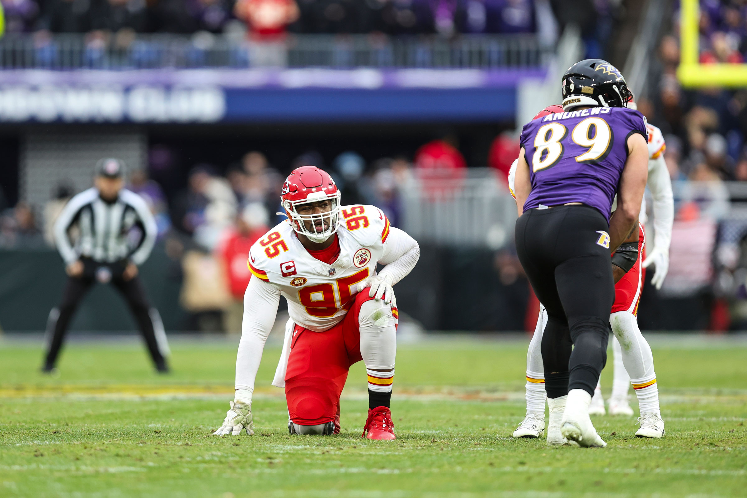 Chris Jones lines up during the AFC Championship game against the Baltimore Ravens on Jan. 28, 2024.