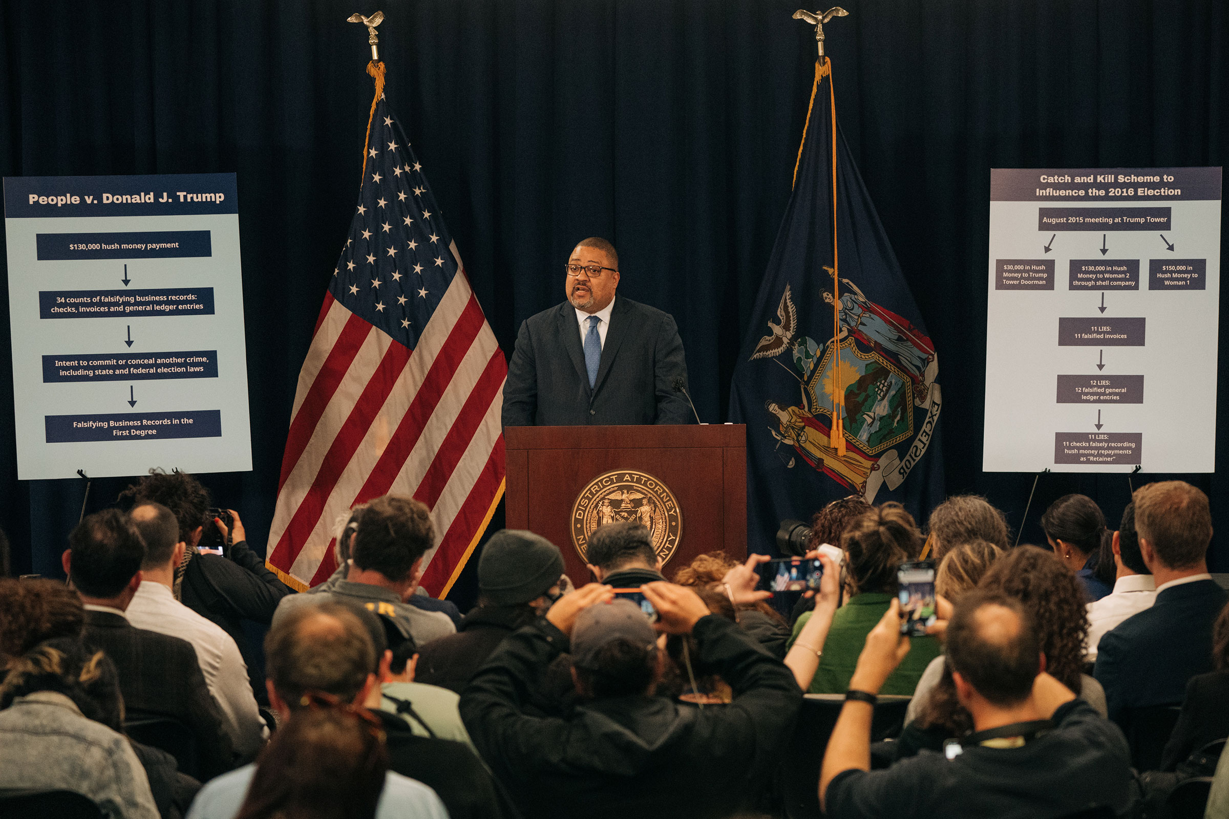 Manhattan District Attorney Alvin Bragg speaks during a press conference following the arraignment of former U.S. President Donald Trump in New York City