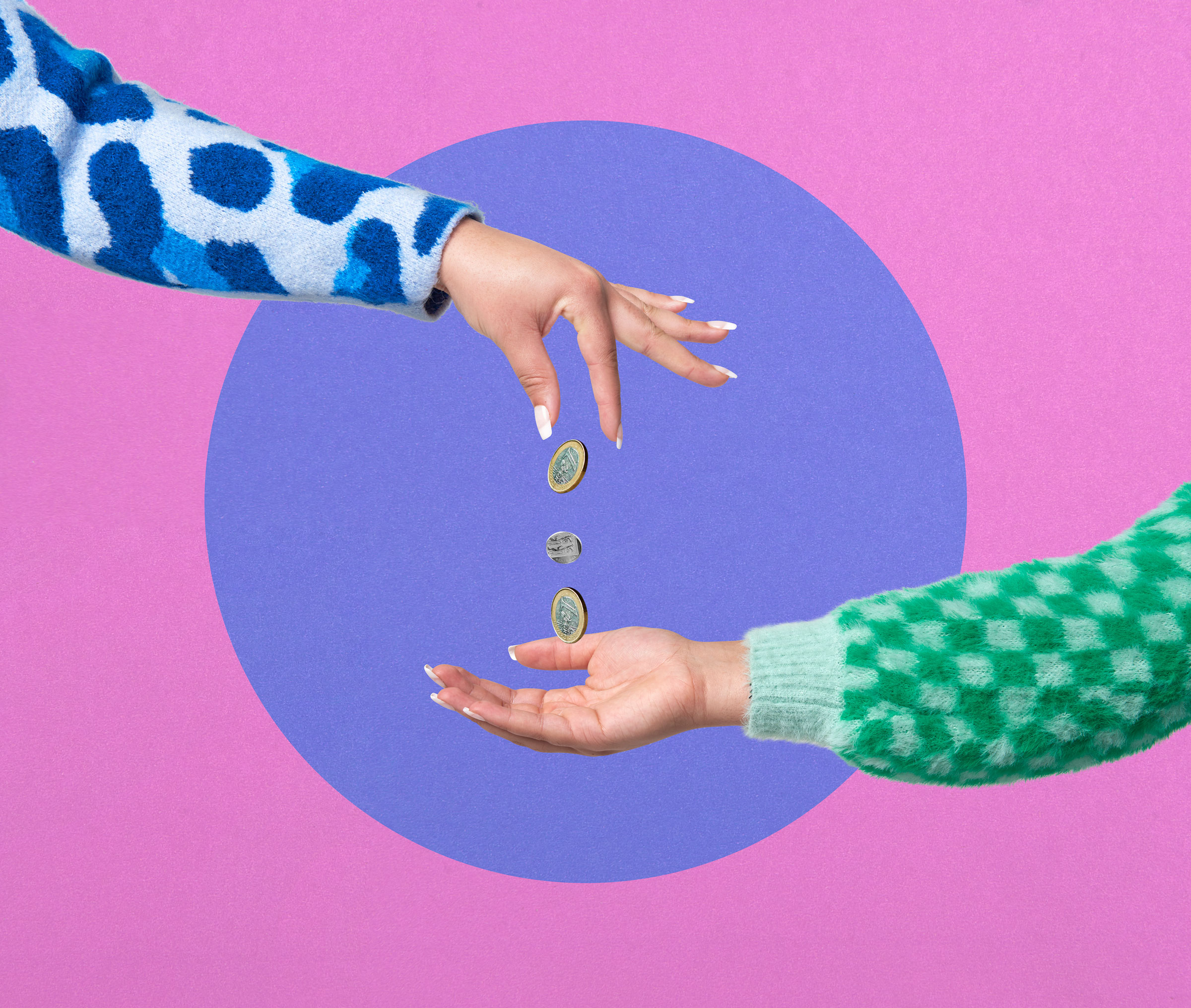 Collage image of hand dropping coins into another hand