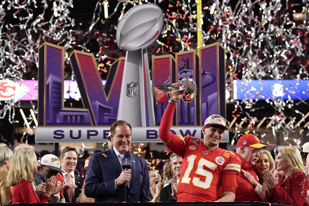 Kansas City Chiefs quarterback Patrick Mahones (15) celebrates after the NFL Super Bowl 58 football game against the San Francisco 49ers, Sunday, Feb. 11, 2024, in Las Vegas.