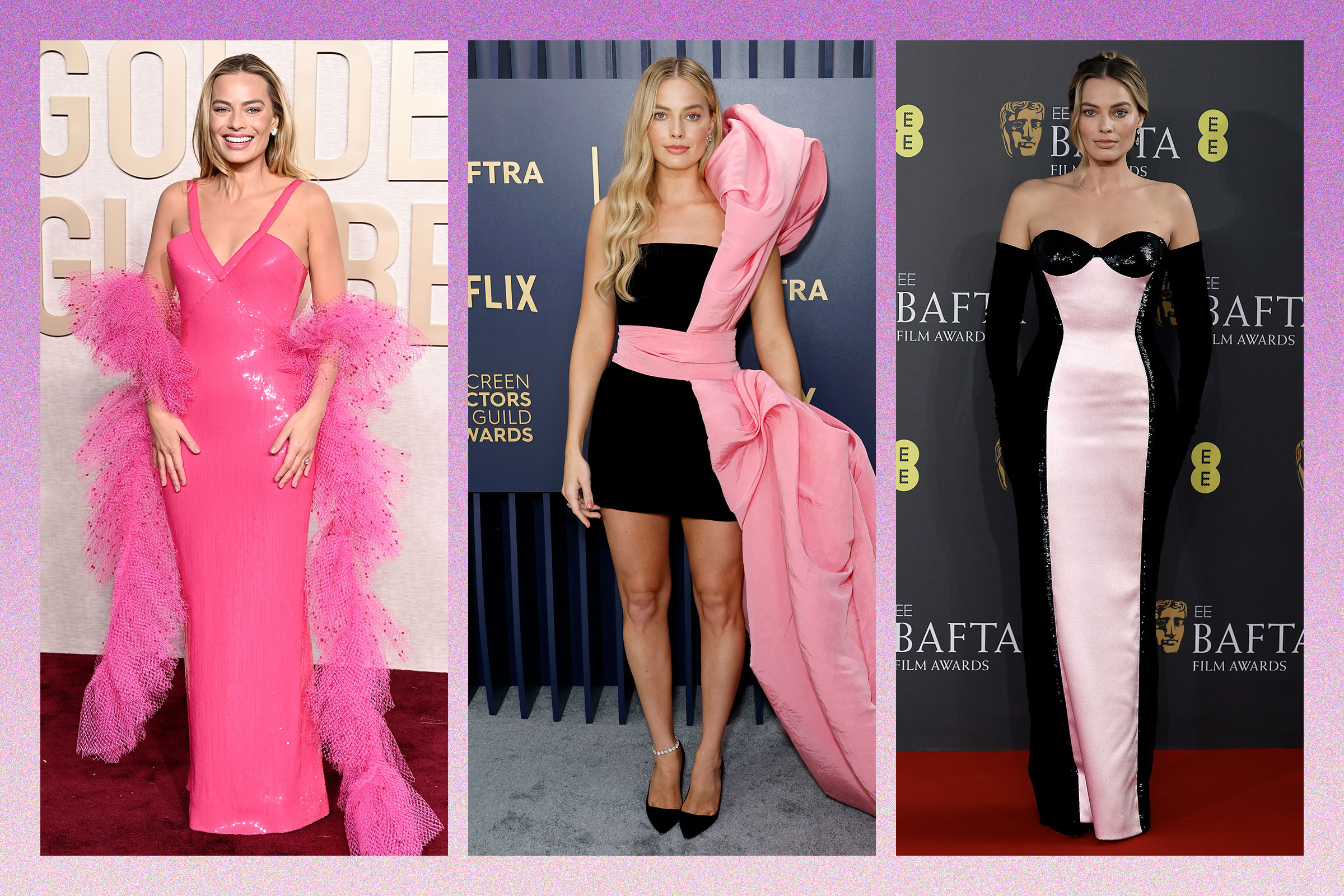 A collage of images of different celebrities dressed up for different awards shows