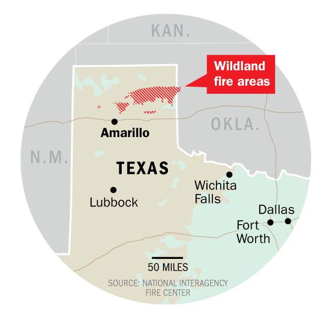 Mapa ng mga wildfire sa Texas at Oklahoma.