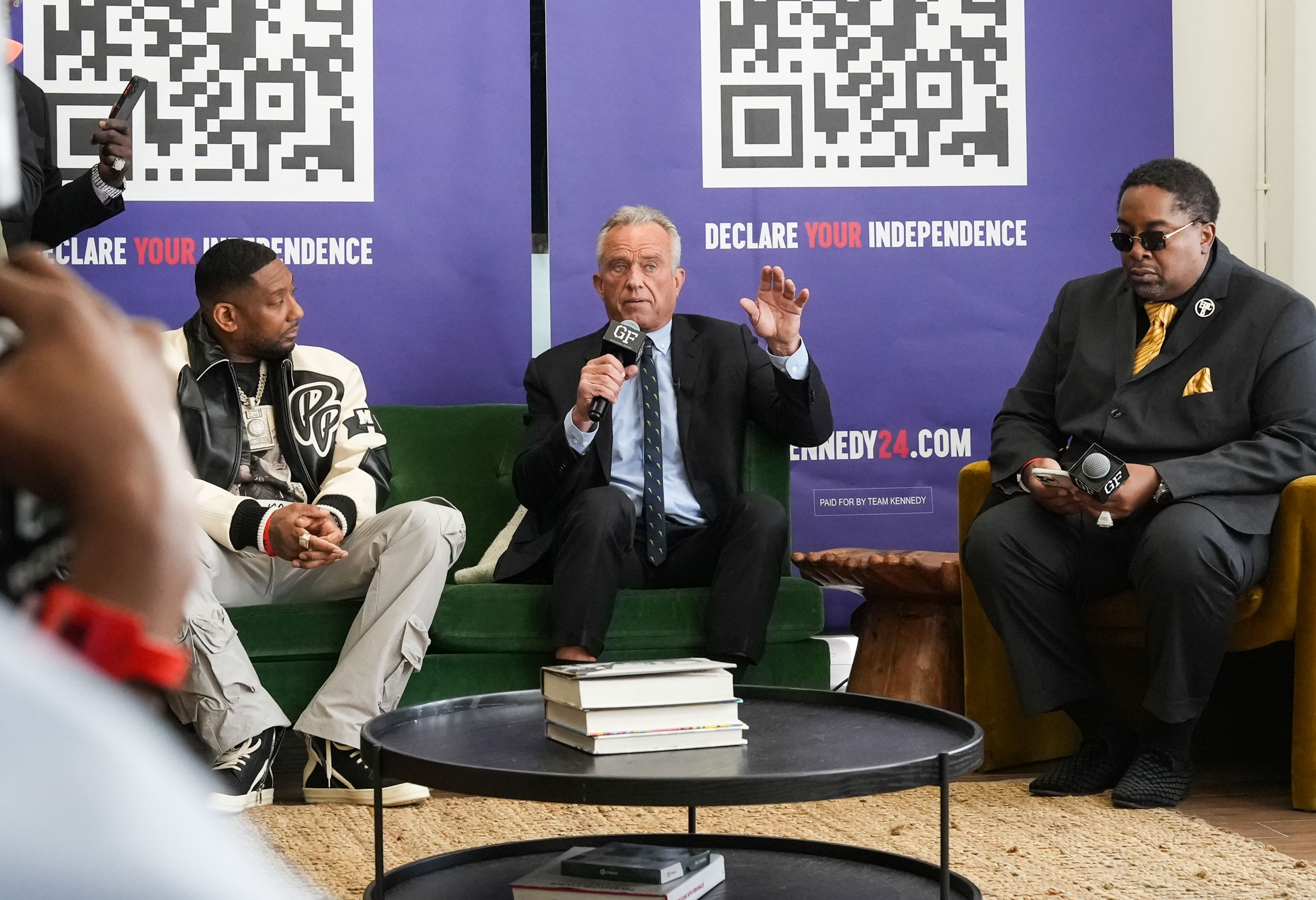 Robert F. Kennedy, Jr. hosts a fireside chat with rapper and producer Eric B. at The Gentleman’s Factory in New York City, on Feb. 18, 2024.