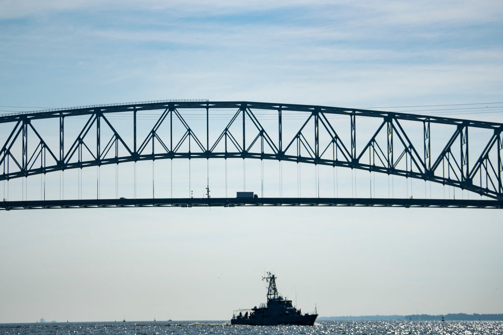 A tuck crosses Francis Scott Key Bridge on Oct. 14, 2021, in Baltimore, Md.