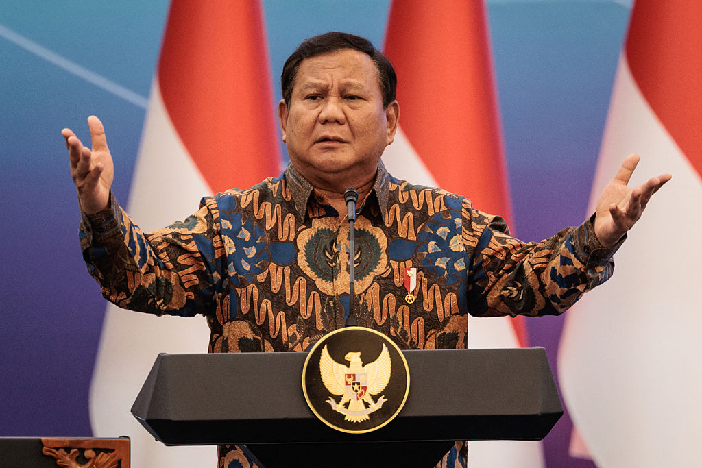 Indonesia's President Prabowo Subianto speaks during an economic event titled