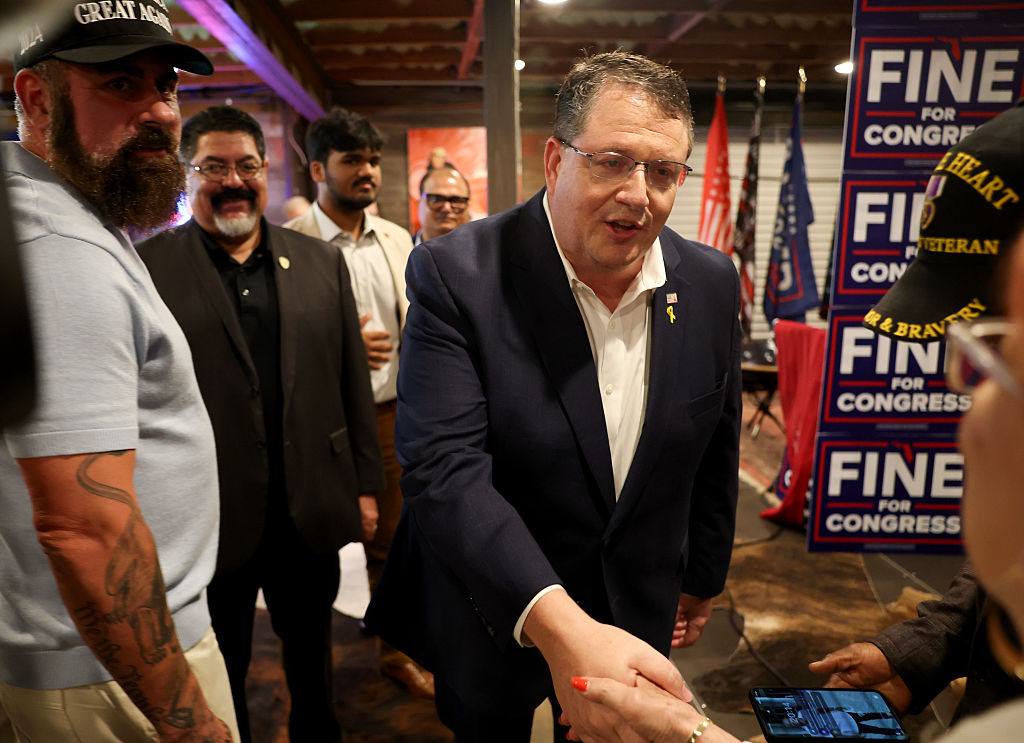 Florida's Republican state Sen. Randy Fine greets people after winning the 6th District race to replace GOP former Rep. Michael Waltz, who is now President Donald Trump’s national security adviser in Ormond Beach, Fla. on April 1, 2025.