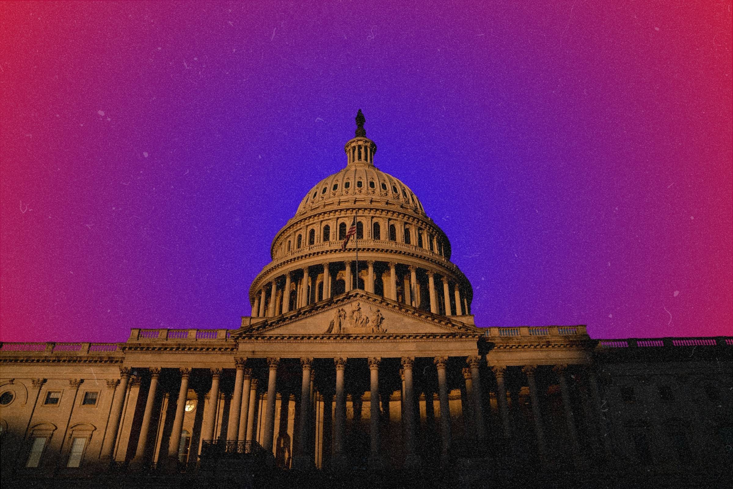 Một bức ảnh minh họa tòa nhà Quốc hội Hoa Kỳ trên nền màu gradient với màu xanh chiếm ưu thế so với màu đỏ